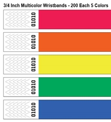 3/4 Inch Multicolor Wristbands - 200 Each 5 Colors 